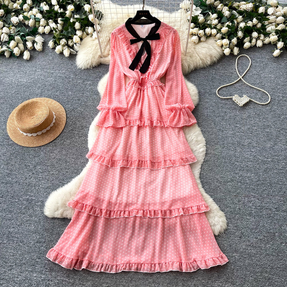 French sweet polka dot long sleeve tiered dress - women's autumn bow ruffle cake dress - unique designer style