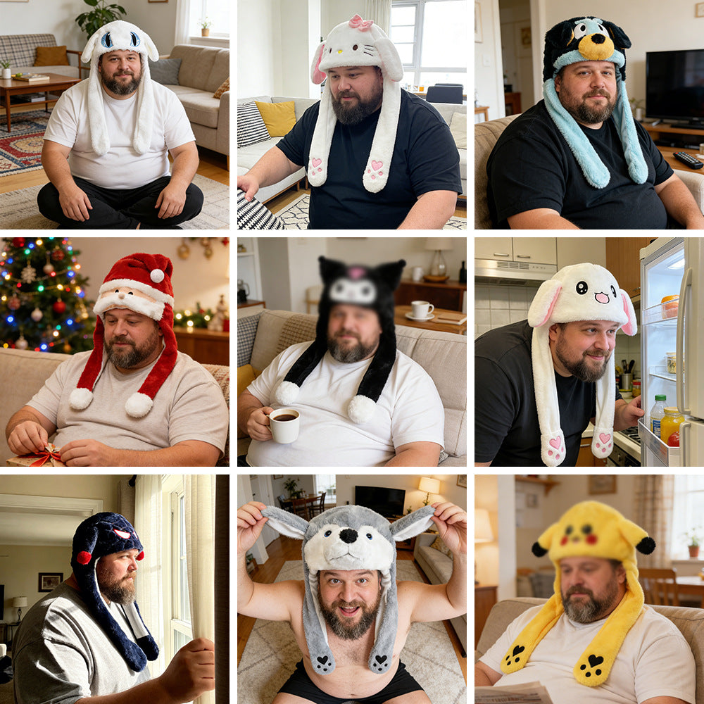 light-up hat that can be pinched and the ears can move. children's hat toy. cartoon light-up gift. adult winter hat