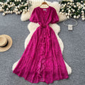 French chic high-end women's dress -  summer collection: 3d floral appliqué, ruffle hem, cinched waist, puff sleeves, printed maxi dress