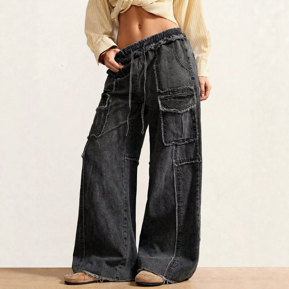 European and american style women's drawstring elastic waist raw hem wide leg cargo jeans - vintage washed multi-pocket denim pants