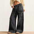 European and american style women's drawstring elastic waist raw hem wide leg cargo jeans - vintage washed multi-pocket denim pants