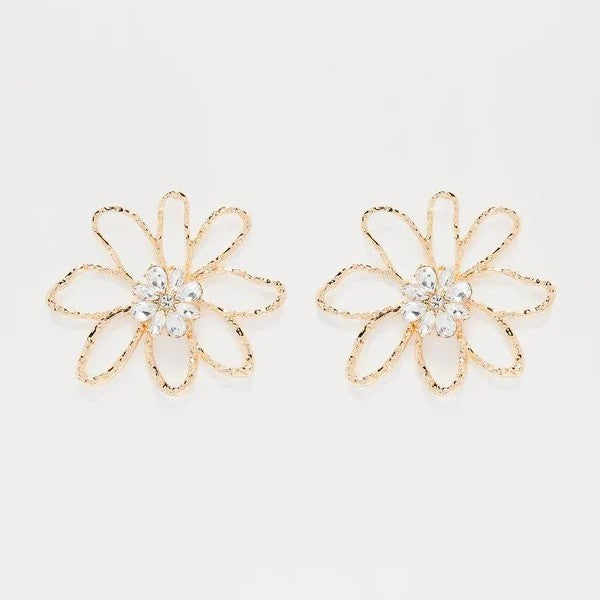 European and american retro irregular hollow flower diamond-studded earrings, statement design fashion gold volcanic lava line stud earrings