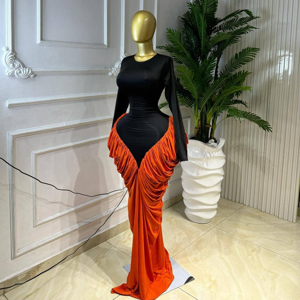 European and american cross-border women's fashion:  summer new arrival - elegant round neck, patchwork ruched bodycon long sleeve dress