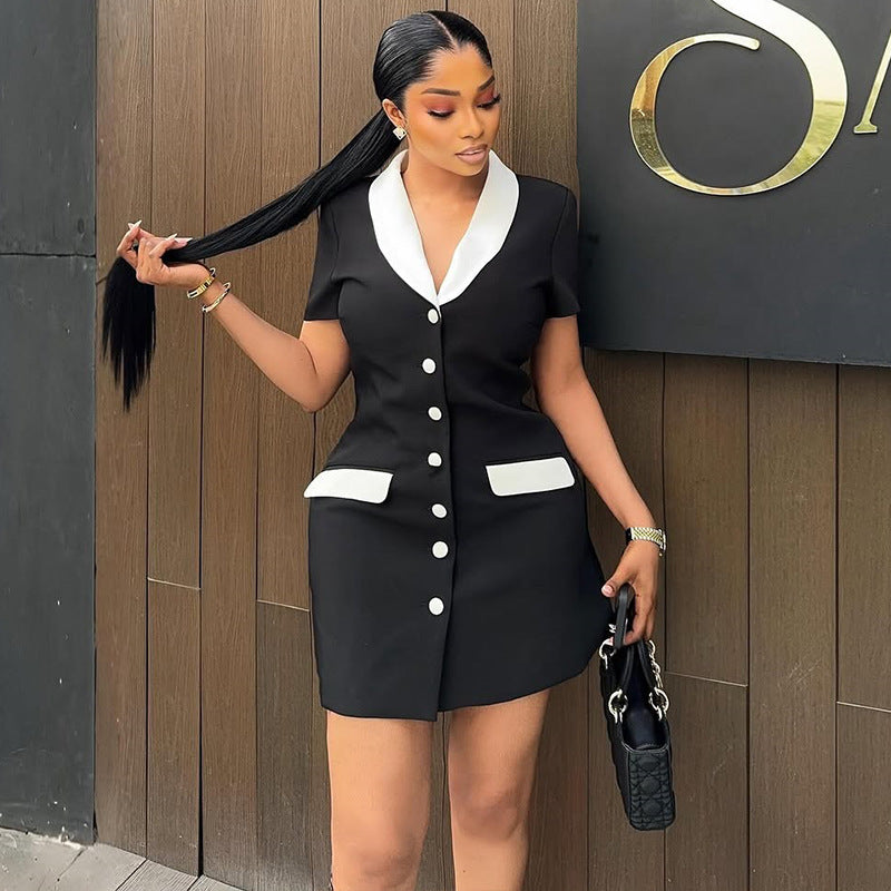 European and American  temperament contrasting women's clothing, black and white waist suit skirt, slim cardigan, V-neck button-down short dress