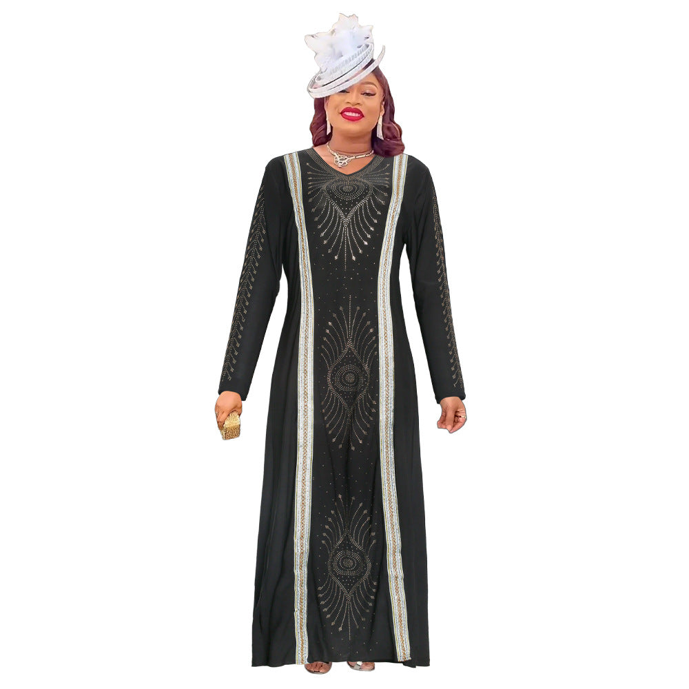 African  spring women's clothing   gold embroidery hotfix rhinestone beaded v-neck dress