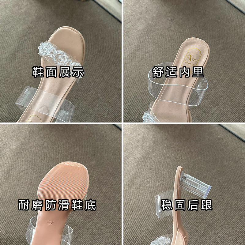 French rhinestone clear crystal heel sandals women's summer ankle strap chunky heel slippers high heel outdoor sandals