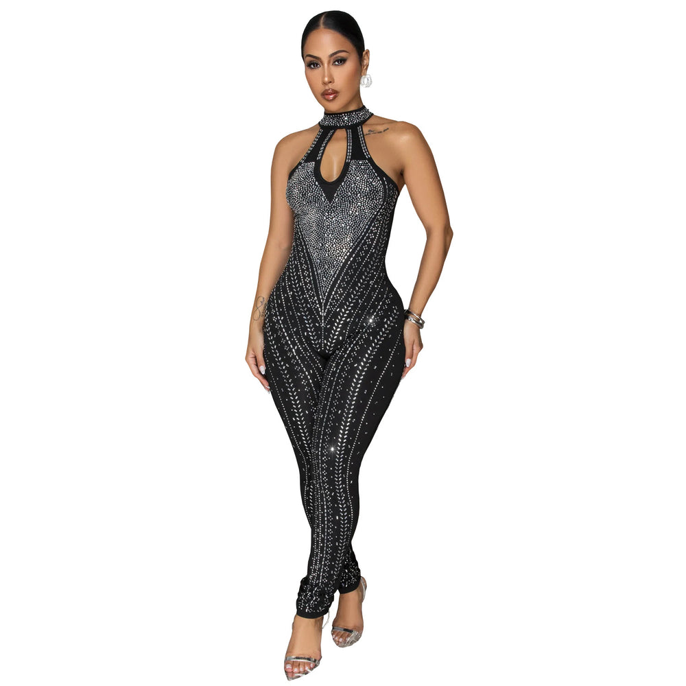 C7542 cross-border   fashion women's elegancepure color hot diamond classy silm jumpsuit