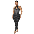 C7542 cross-border   fashion women's elegancepure color hot diamond classy silm jumpsuit