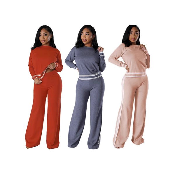 TD2788 European and American   women's clothing autumn and winter new long-sleeved knitted sweater wide-leg casual trousers two-piece set
