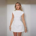 Amazon fashion cross-border women's summernew arrivalpure color round neck tight fake flap pocket pants design waist dress