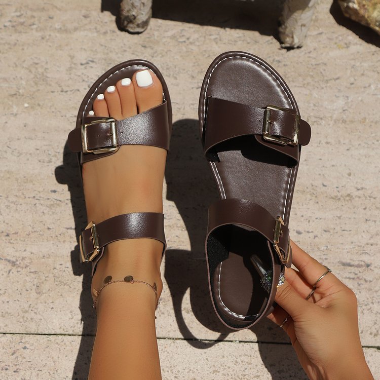 Fashion cross-border plus size buckle flats slippers women's exportretro lightweight beach slippers slippers