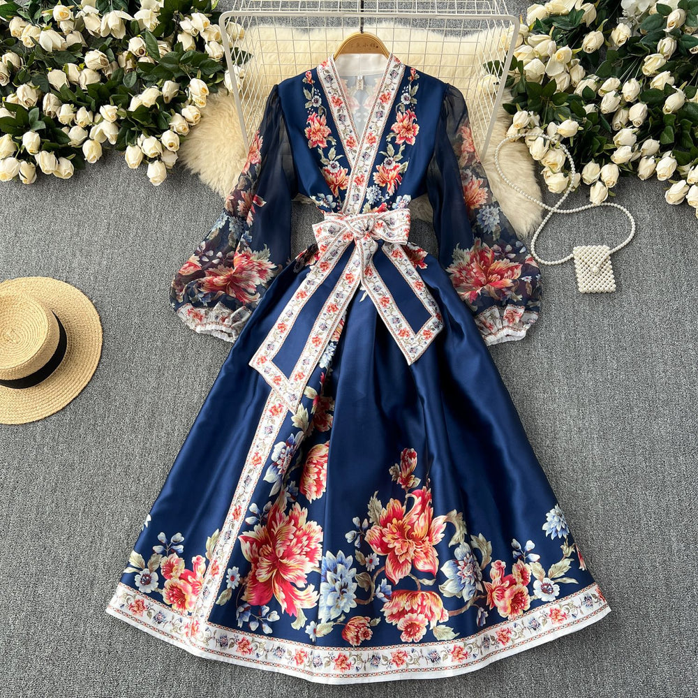 French retroelegancedress women's classy palace style printingtie back waist elegant dressfashionlong skirt