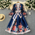 French retroelegancedress women's classy palace style printingtie back waist elegant dressfashionlong skirt