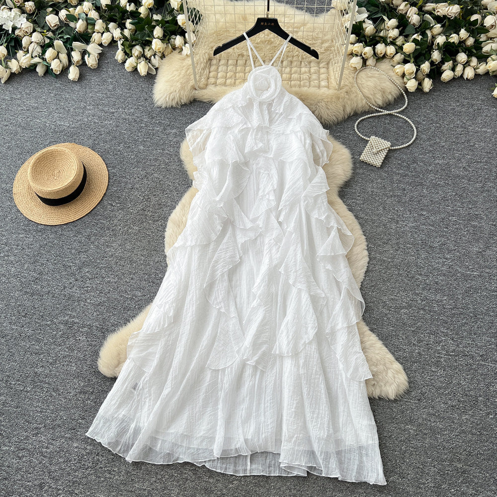French sleeveless tiered a-line dress - women's summer design, high-waisted ruffle hem, rose red maxi dress