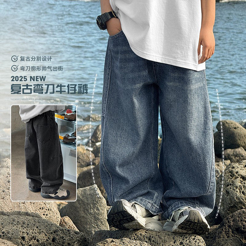 Boys' spring pants, autumn jeans, spring/autumn straight-leg trousers, new  styles for mid-to-large children: scimitar pants, wide-leg pants