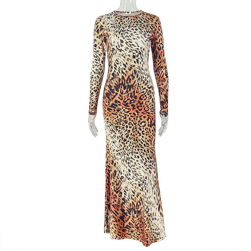 European and american style cross-border fashionable women's leopard print stretch bodycon dress - round neck, long sleeve, elegant mini dress