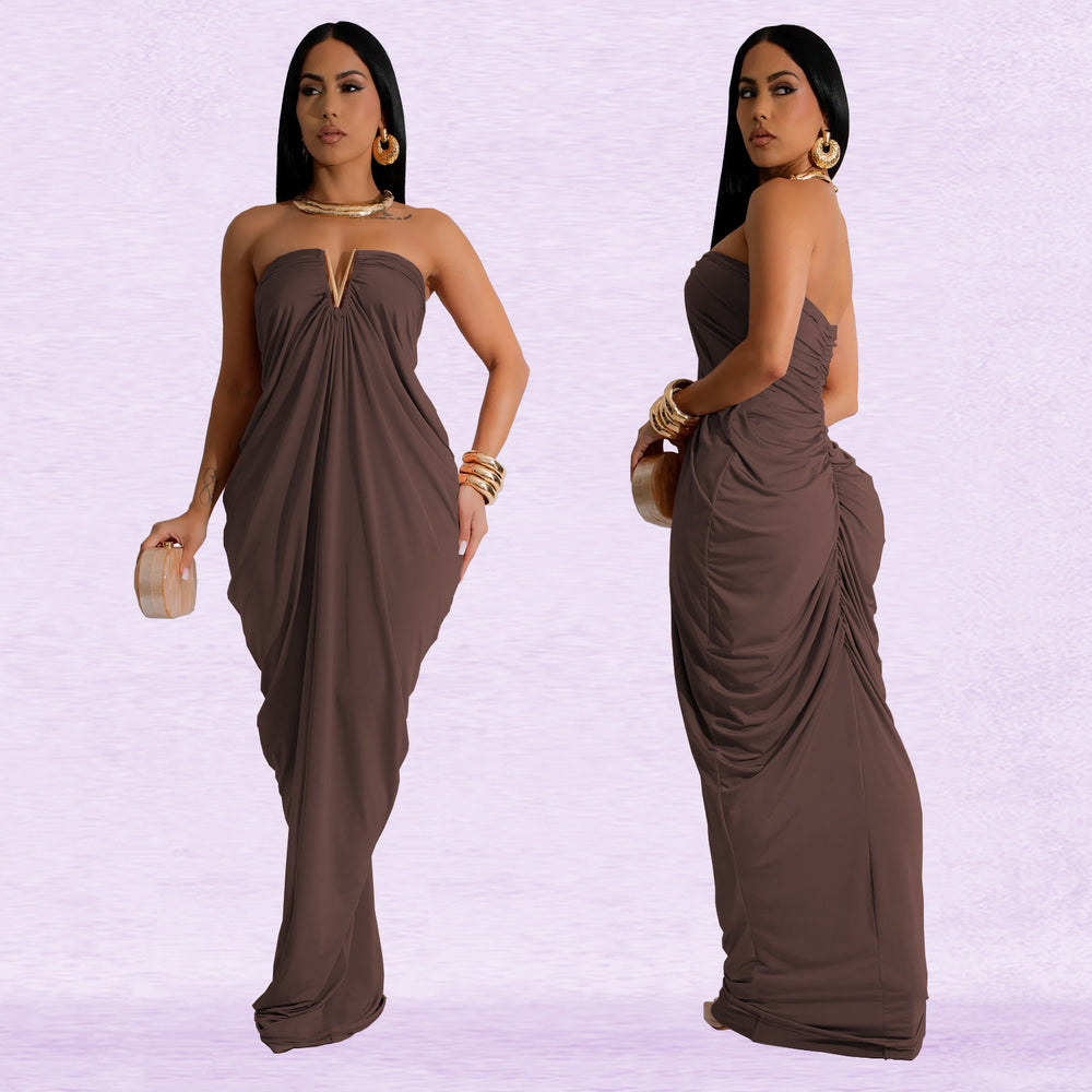 C7135 cross-border   fashion women's solid color sexy slim-fit v-neck dress - new arrival