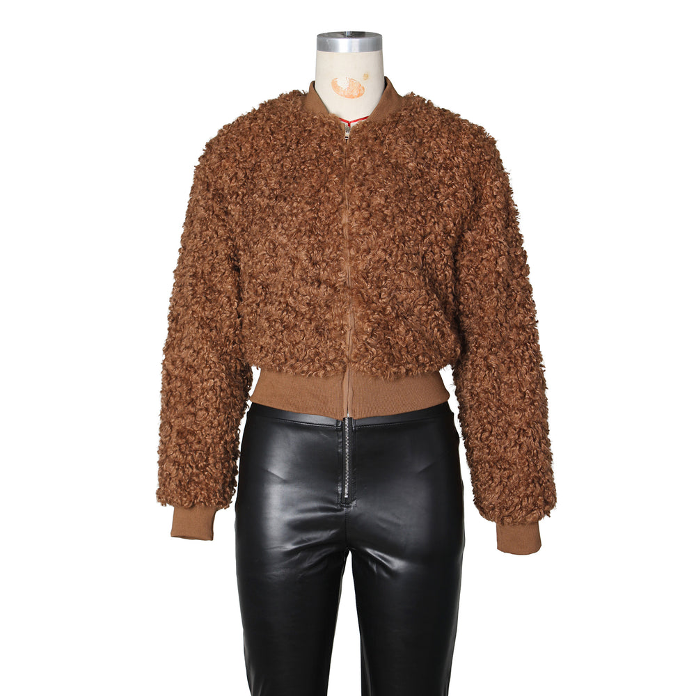 European and american fashion women's faux lambswool cropped jacket loose plush baseball jacket outerwear - /tiktok