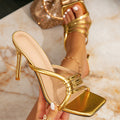 Women's gold high heel sandals - stiletto heel, fashionable party & evening wear, slip-on square toe sandals