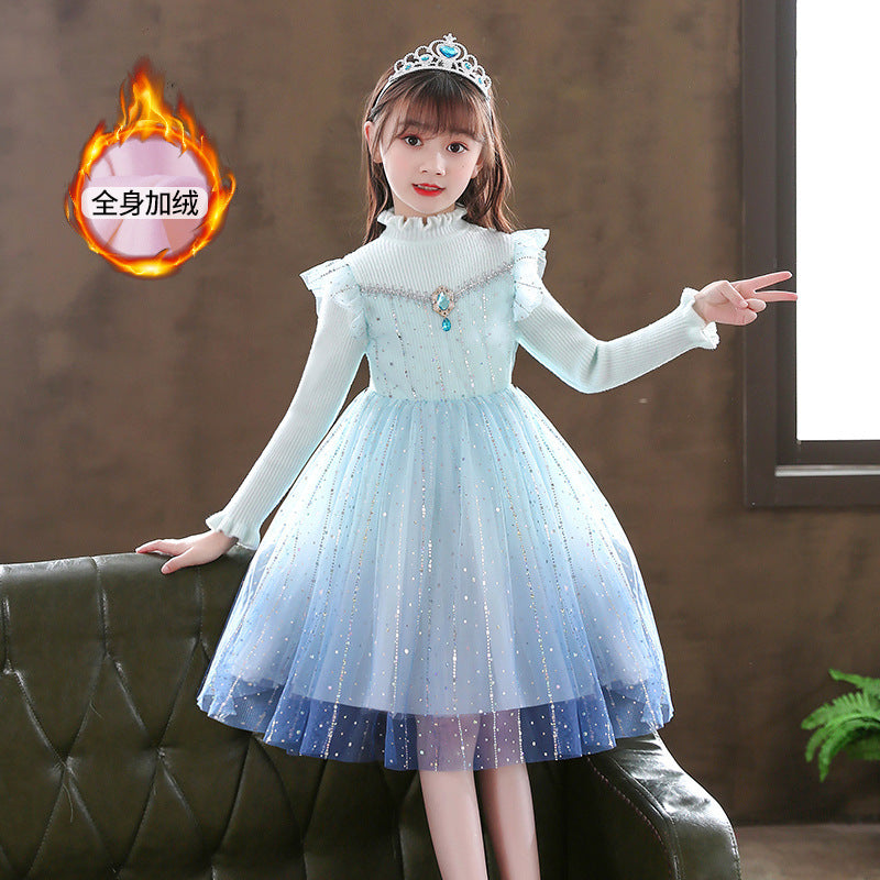 Elsa dress girls new arrivalknittingsweaterkids elsa skirt 3-14 years old dressfall and winter style birthday