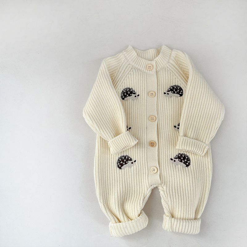 Baby fall and winter clothing one-piece clothes baby boy cartoon hedgehog knitting khaki girl thickenedsweateroutwear climbing suit