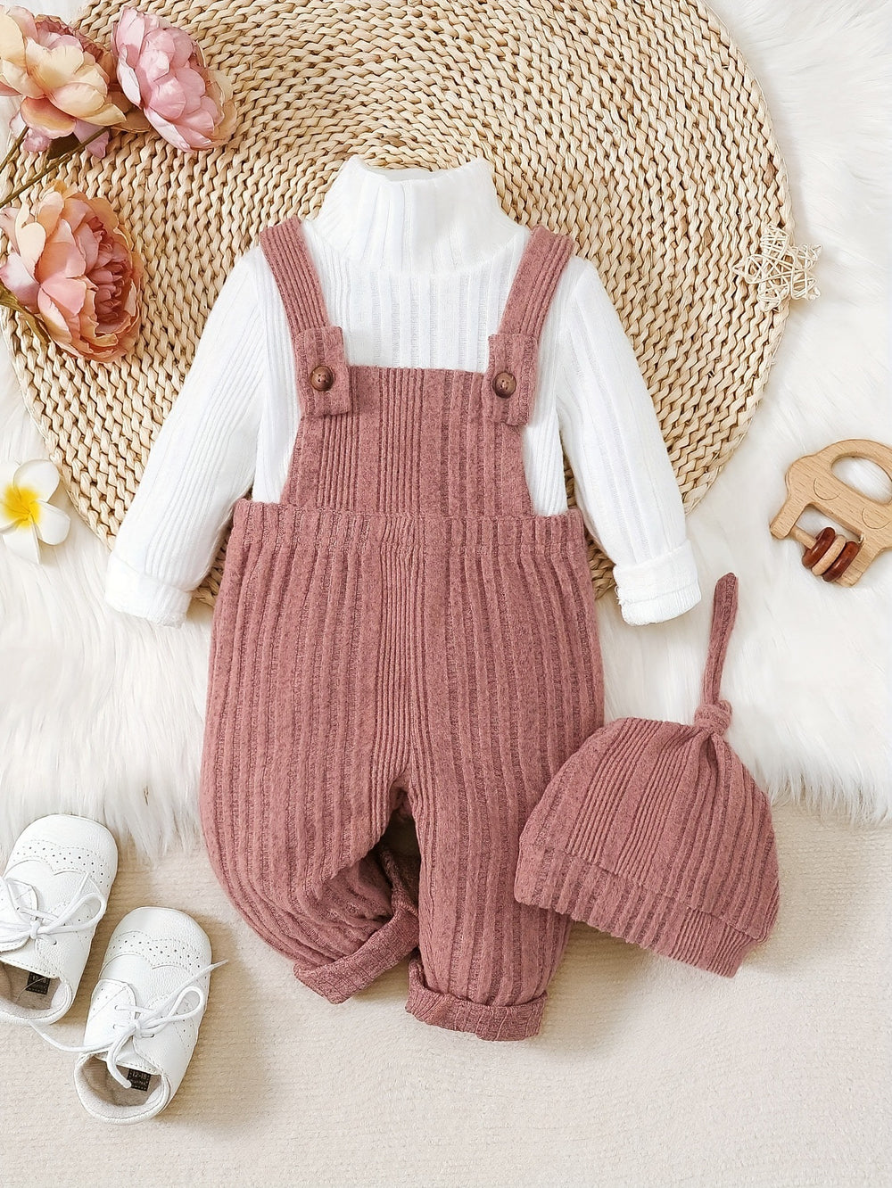 girl fashion style thickened brushed knitting turtleneck tops + overalls hat children's suit three-piece set