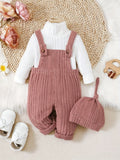 girl fashion style thickened brushed knitting turtleneck tops + overalls hat children's suit three-piece set
