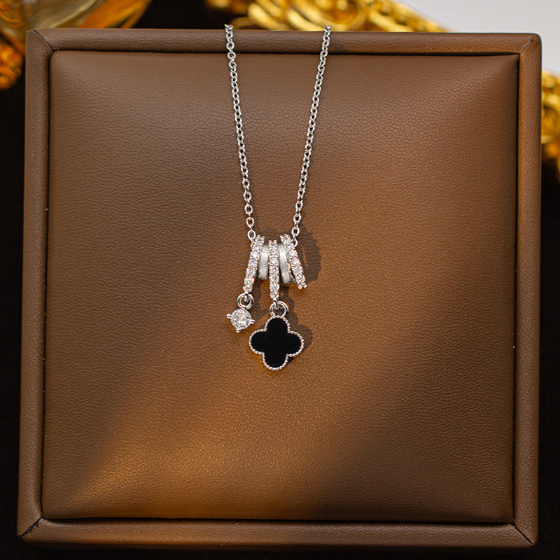 Copper inlaid zirconium four-leaf clover necklace for women, titanium steel real gold plating popularinsfashion flower exquisite sweater chain jewelry