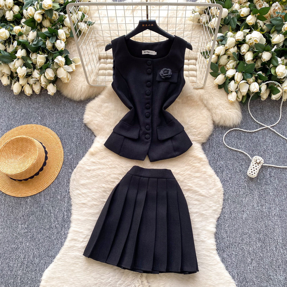 Xiaoxiangfeng single-breasted sleeveless vest pleated skirttwo-piece set female summer light and mature styleeasiest for match age-reducing elegantsuit