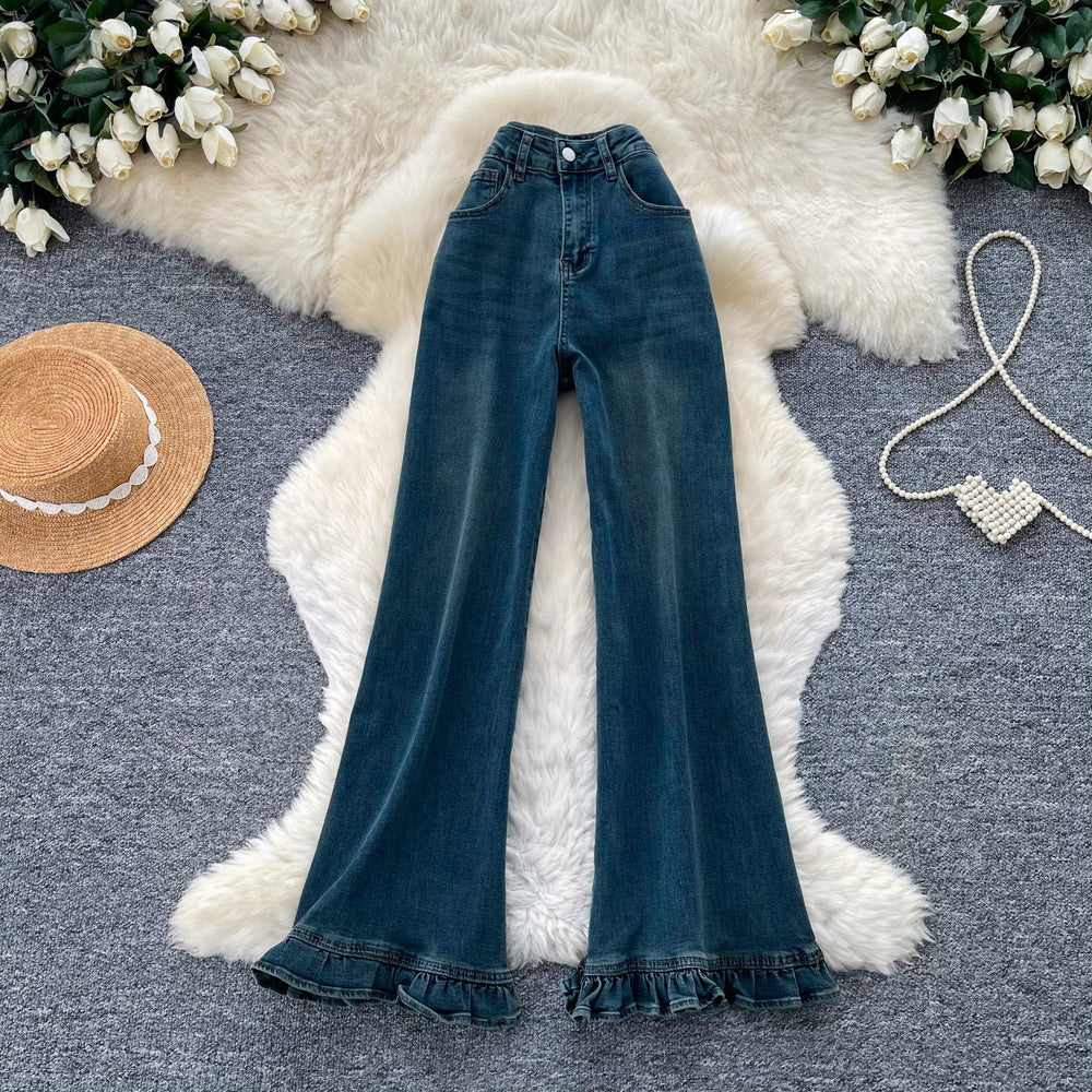 Retrohigh waistflaredjeans women's lace decoration slimming look silm microflaredpants autumn sense of design american style