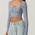 european and american autumn women's slim-fit cropped top: solid color square neck base layer, gentle long-sleeve square neck short top