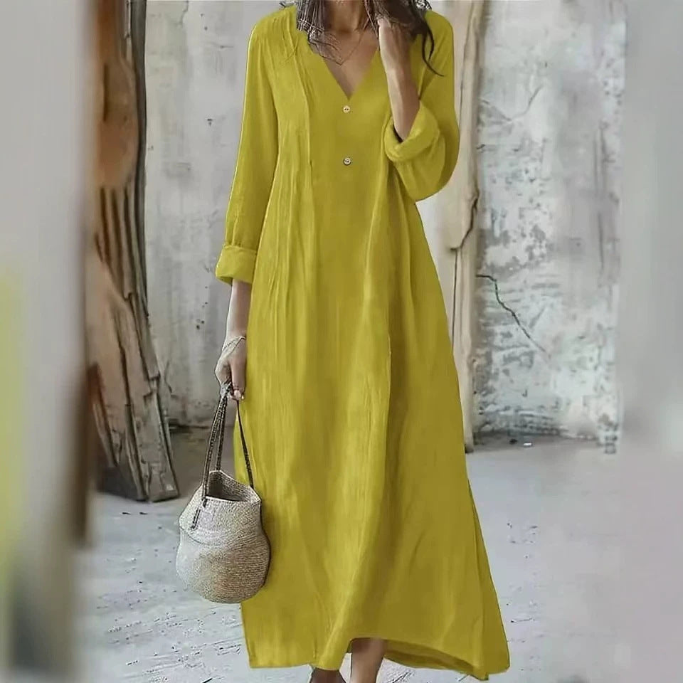 New arrival: cross-border  women's cotton linen v-neck maxi dress - fashionable, casual, long sleeve, button-down, loose fit