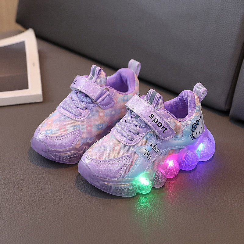 Spring/autumn new cartoon cat light-up sneakers for girls - luminous, breathable mesh casual shoes for toddlers and young children - trendy style