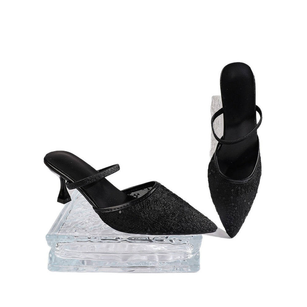 New pointed-toe mesh mules with mid-heel for women, 2026 summer collection, plus size available, stiletto heel, breathable sequin closed-toe slippers, ready to ship