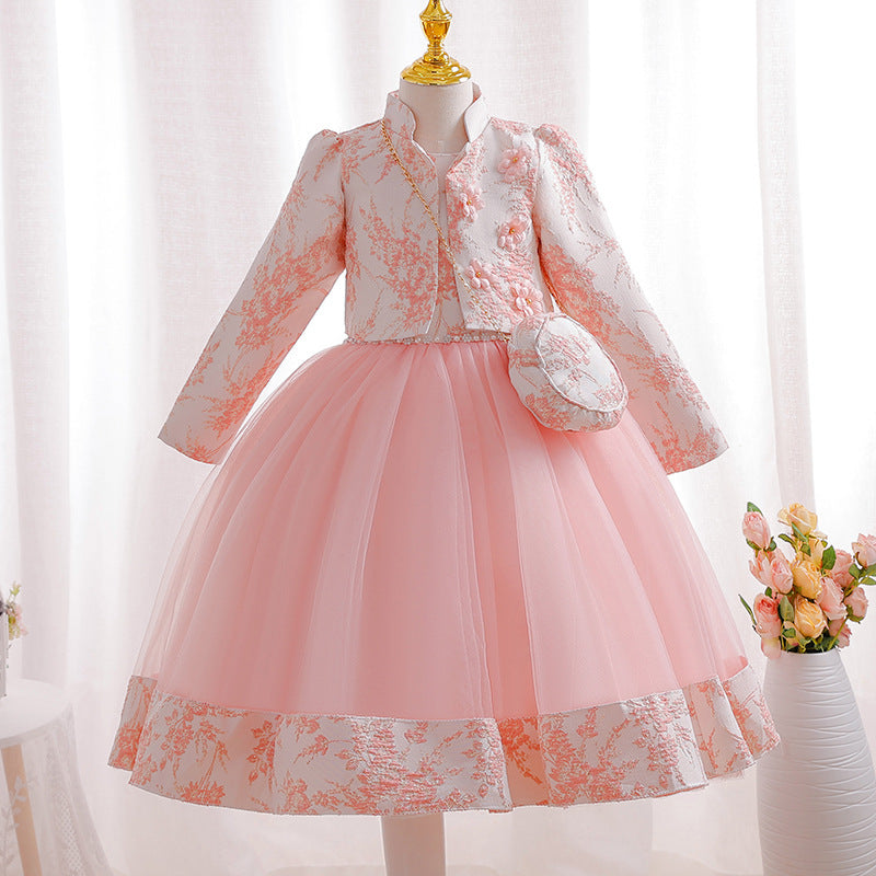 New children's formal wear set: gold thread wedding dress three-piece princess outfit for girls, perfect for piano recitals and special occasions