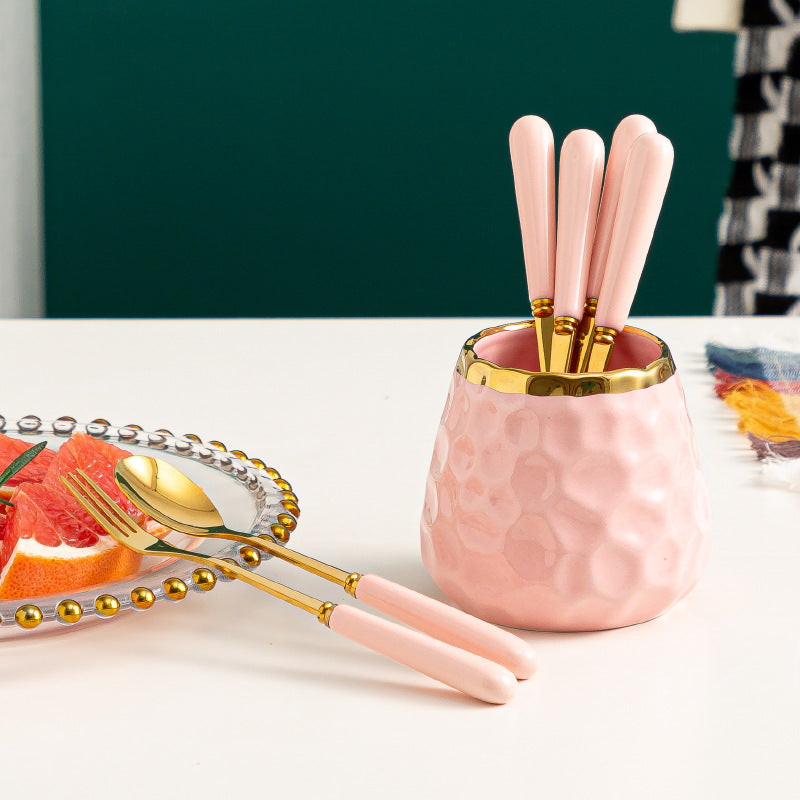 Simple fruit fork spoon ceramic storage jar stainless steel high-looking ceramic handle fruit fork household set wholesale