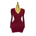 Exportelegantv neck velvet long sleevesdress women's spring & fallelegant cross waist elastic slimming look hip-covering short skirt