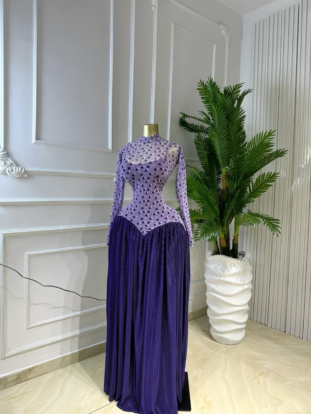 European and american cross-border women's winter  new arrival: long-sleeved stand collar slim-fit patchwork pleated maxi dress - elegant style