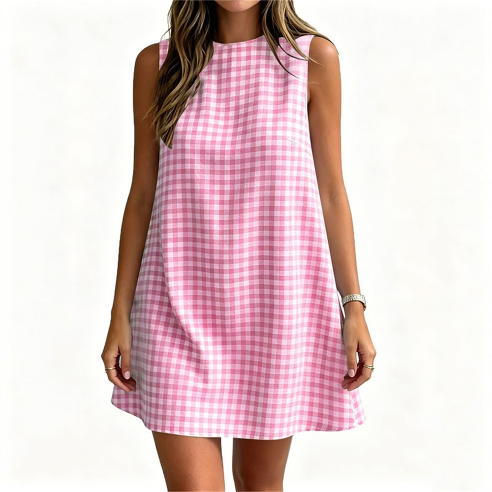 european and american cross-border  summer new women's plaid round neck sleeveless back zipper casual dress