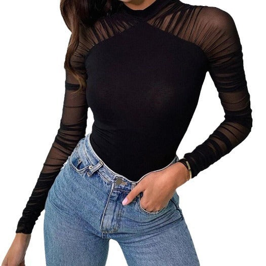 European and American autumn new women's clothing semi-turtleneck fashion mesh stitching long-sleeved slim-fit Spice Girl one-piece solid color bottoming shirt