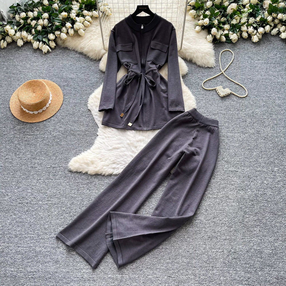 Commuting style strap waist knittingtopsloose pantstwo-piece setfemaleautumslimslimming look workplace suit outfit