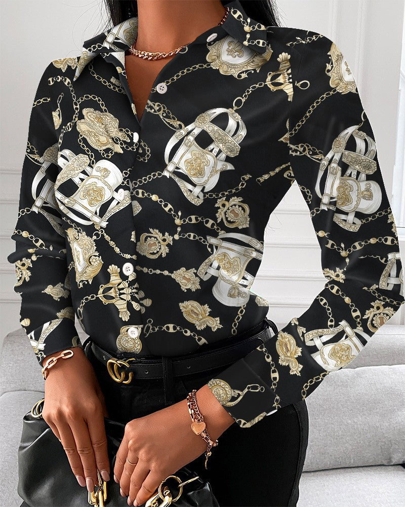 Spot 2022 European and American  women's clothing  spring and autumn shirts independent station  long-sleeved printed shirt