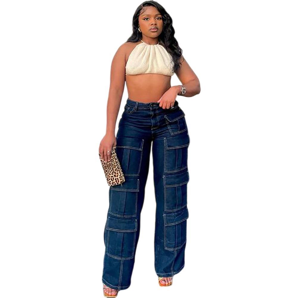 European and american style straight-legjeans  cross-border women's clothing street fashion multi-flap pocket pants exposed seam high waist workwear pants