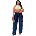 European and american style straight-legjeans  cross-border women's clothing street fashion multi-flap pocket pants exposed seam high waist workwear pants