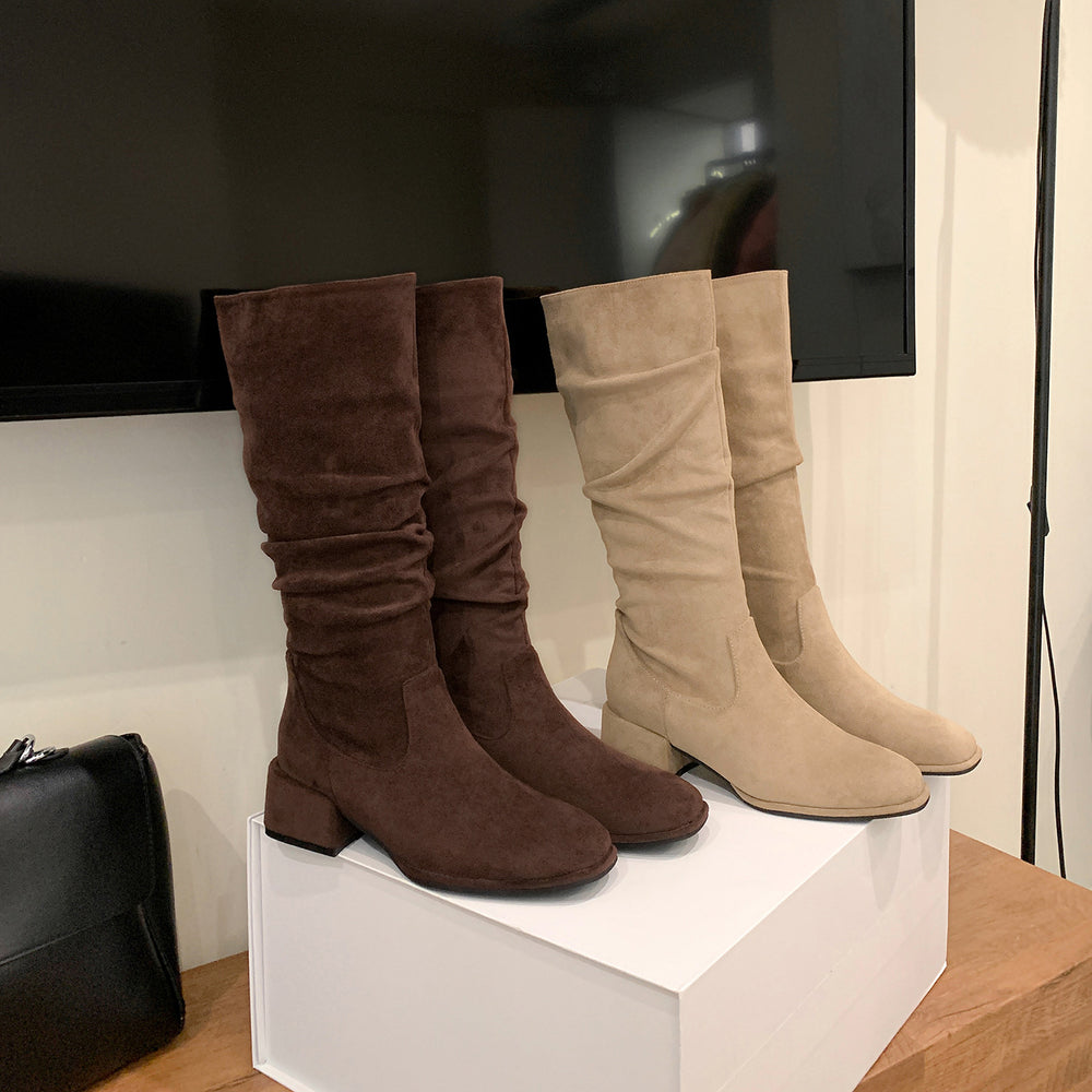 Knight boots for women 2025 new round toe thick heel western boots high boots retroslimming look pleated pile european and american