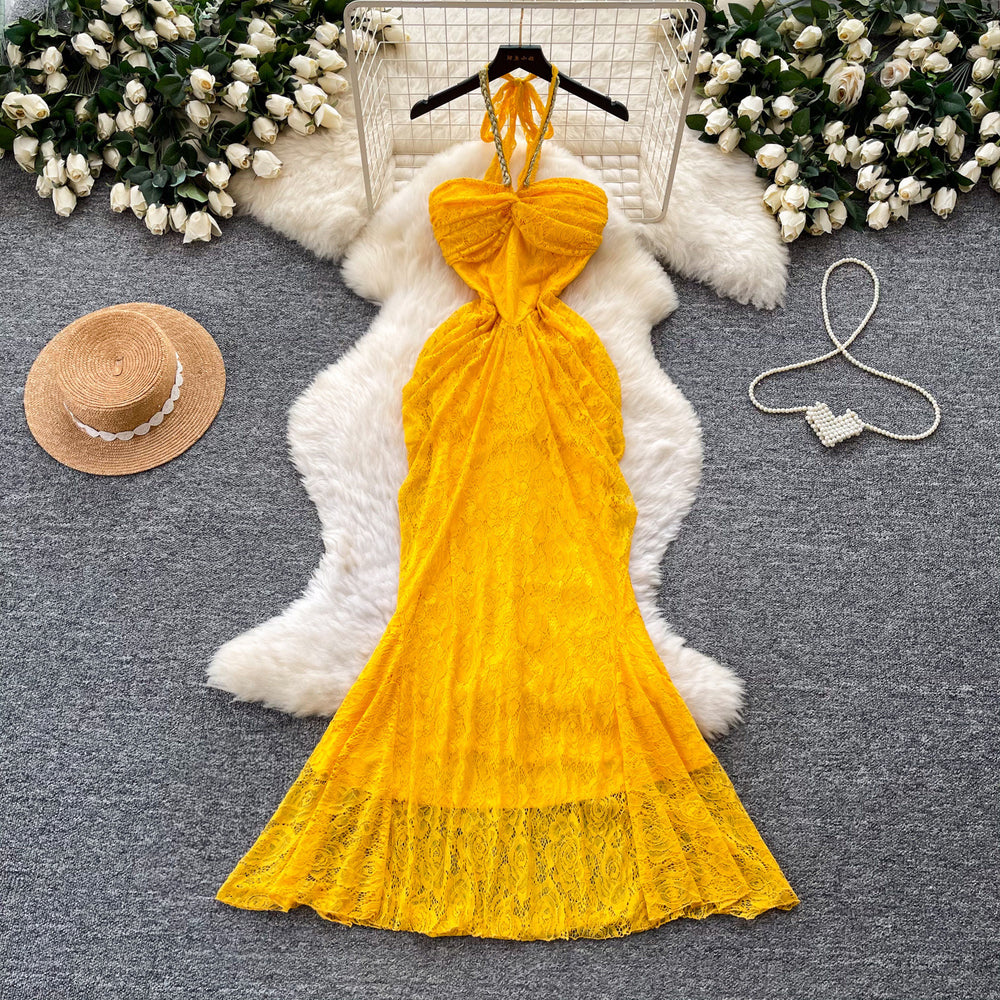 French lace halter neck sexy dress - women's summer slim fit maxi dress - high-end vacation outfit