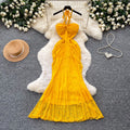 French lace halter neck sexy dress - women's summer slim fit maxi dress - high-end vacation outfit