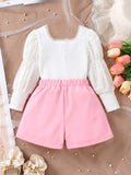 new autumn cross-border girls' square neck puff sleeve top + 3d floral hem butterfly shorts set