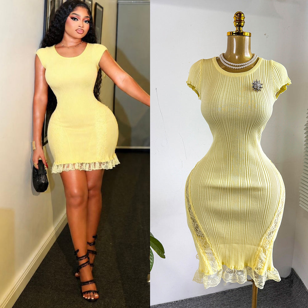 Xiaoxiangfengelegance round neck lacepatchworkshortknittingdress female silm waist slimming look short skirt dress