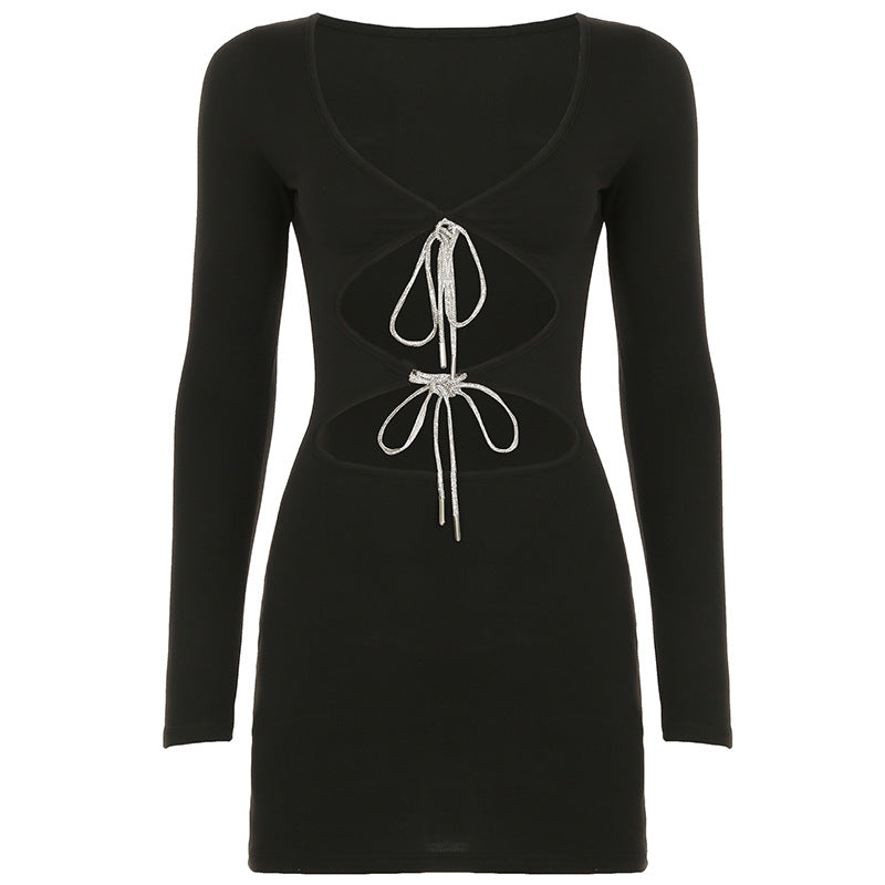 European and American style sexy woman temperament dress fine flash lace-up hollow navel party slim fit long sleeve hip wrap skirt